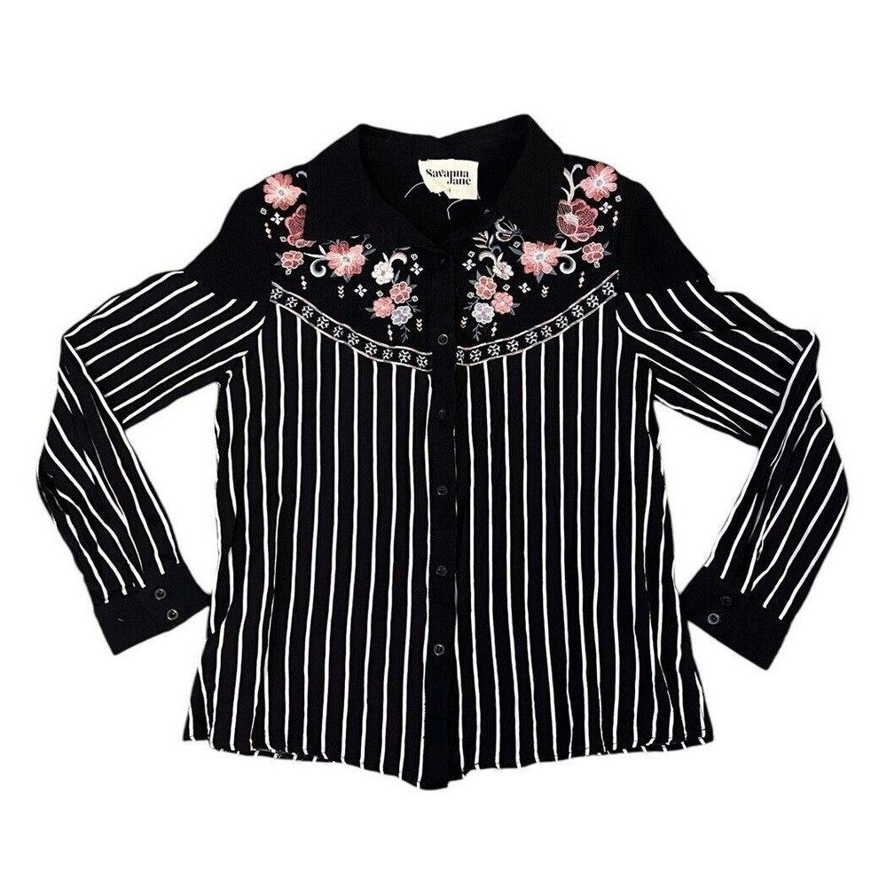 Savanna Jane Blouse Women's Sz Med Black Floral Striped Embroidered Button Shirt